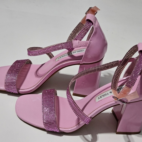 Chelsea & Violet Rhinestone Pink Embellished Block Heel Dress Sandals Size 6.5 - Picture 10 of 11
